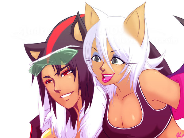 black_hair breasts cleavage clothed clothing couple duo eyewear female glasses grey_eyes hair human humanized lipstick male mammal plain_background red_eyes rouge_the_bat sega shadow_the_hedgehog sonic_(series) white_background white_hair wings