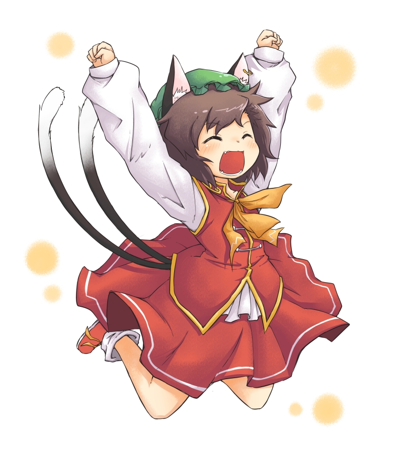 animal_ears arms_up brown_hair cat_ears cat_tail chen closed_eyes earrings fang hat jewelry jumping multiple_tails open_mouth short_hair simple_background skirt solo tail touhou viva!!