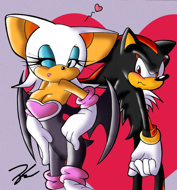 &hearts; bat black black_fur blue_eyes blush breasts chest_tuft cleavage clothed clothing duo female fur gloves hair hedgehog male mammal one_eye_closed red_eyes rouge_the_bat sega shadow_the_hedgehog sheshin sonic_(series) tuft white white_clothing white_hair wink