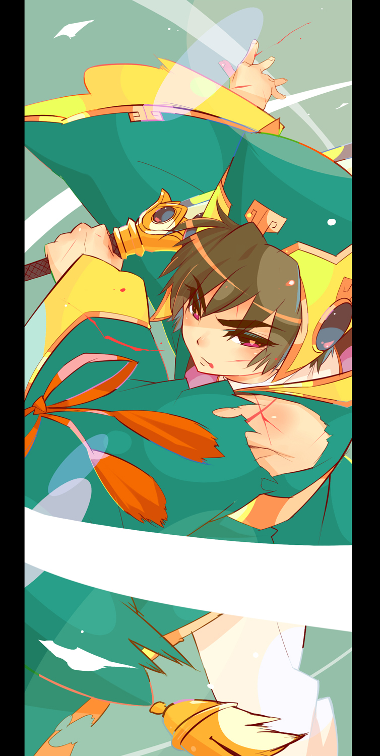 brown_eyes brown_hair cardcaptor_sakura chinese_clothes hat highres li_xiaolang male_focus monq solo sword torn_clothes weapon