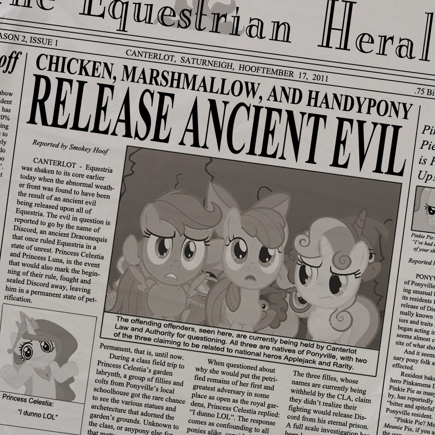 alicorn applebloom_(mlp) black_and_white blackmorass cub cutie_mark_crusaders_(mlp) english_text equine female feral friendship_is_magic horn horse mammal monochrome my_little_pony newspaper pegasus pinkie_pie_(mlp) pony princess princess_celestia_(mlp) royalty scootaloo_(mlp) snails_(mlp) snips_(mlp) sweetie_belle_(mlp) text trixie_(mlp) unicorn wall_of_text winged_unicorn wings young