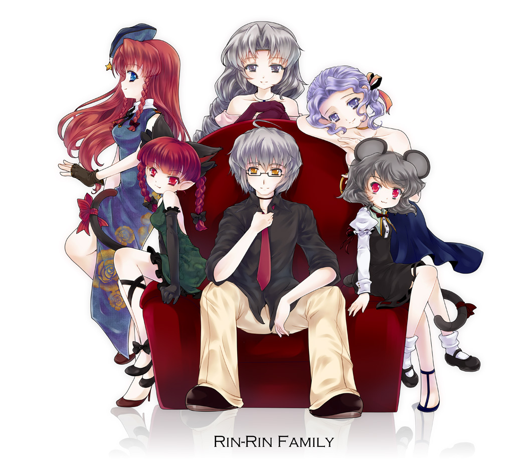 5girls :3 adapted_costume animal_ears bare_shoulders blue_eyes blue_hair bow bowtie braid cat_ears chinese_clothes collarbone contemporary couch elbow_gloves fingerless_gloves glasses gloves grey_eyes grey_hair hat high_heels hong_meiling iris_anemone kaenbyou_rin kumoi_ichirin light_smile long_hair looking_at_viewer morichika_rinnosuke mouse_ears mouse_tail multiple_girls namesake nazrin necktie pointy_ears red_eyes red_hair shoes short_hair silver_hair simple_background single_braid sitting smile tail touhou yagokoro_eirin yellow_eyes