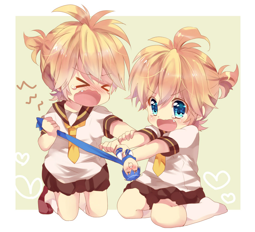 &gt;_&lt; ^q^ bad_id bad_pixiv_id blonde_hair blue_eyes blush clone closed_eyes fang kagamine_len kaito male_focus multiple_boys open_mouth puppet sitting tears touyama_soboro vocaloid younger
