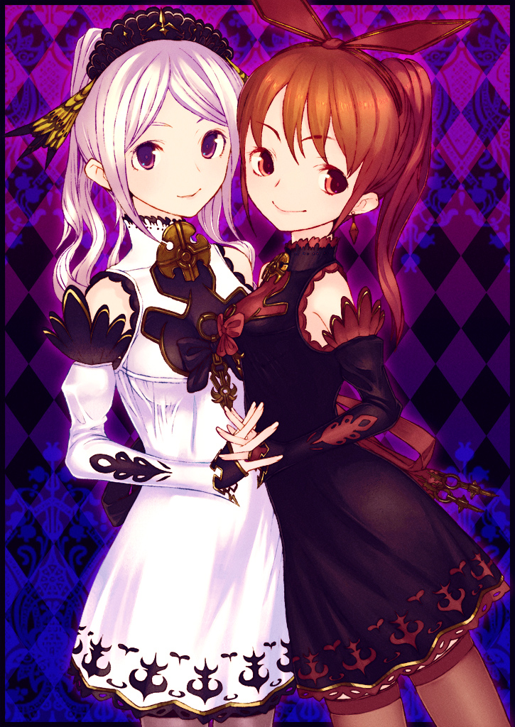 copyright_request detached_sleeves holding_hands interlocked_fingers multiple_girls pantyhose purple_eyes red_eyes red_hair sentou thighhighs white_hair
