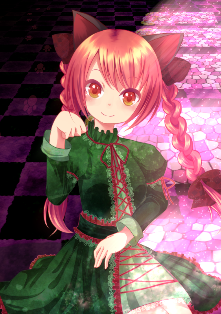 checkered checkered_floor chireiden kaenbyou_rin looking_at_viewer paw_pose paw_print pochi07 smile solo touhou