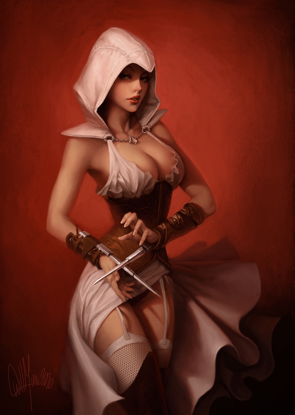 assassin's_creed_(series) breasts brown_eyes cleavage collarbone corset duplicate fishnets garter_straps garters hidden_blade hood large_breasts lingerie lips solo tan thighhighs underwear weapon white_legwear will_murai