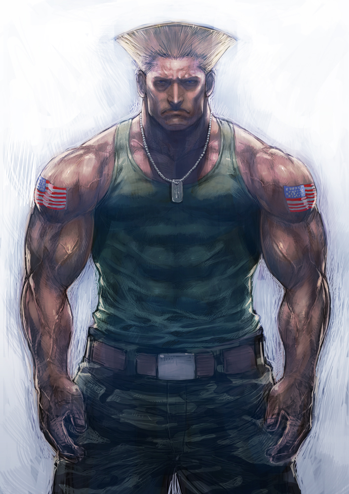 america american_flag baggy_pants belt blonde_hair boyaking camouflage dog_tags guile male_focus muscle pants pectorals realistic solo street_fighter tank_top tattoo