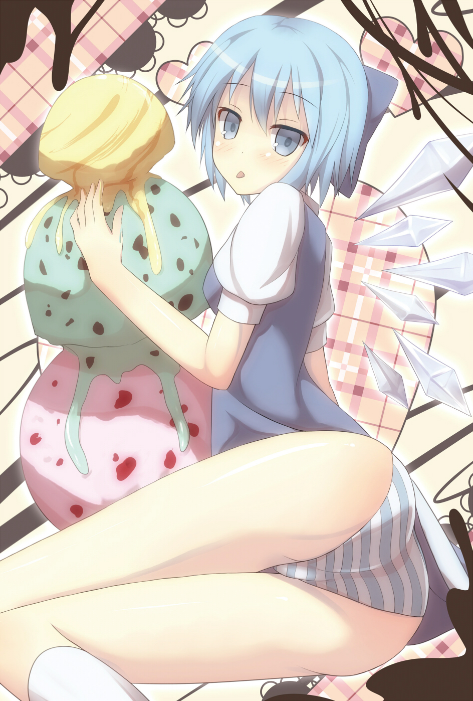 :p ass bad_id bad_pixiv_id blue_eyes blue_hair blush cirno dress food heart highres ice ice_cream legs looking_back open_mouth oversized_object panties samegami short_hair solo striped striped_panties tongue tongue_out touhou underwear wings