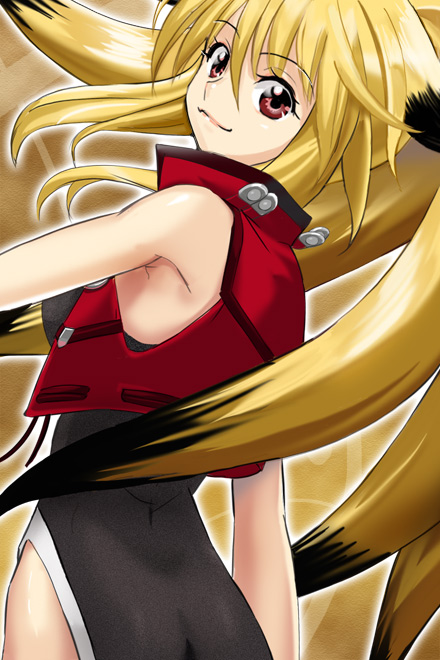 armpits blonde_hair eyelashes haruyama_kazunori lips long_hair looking_back namco_x_capcom red_eyes solo super_robot_wars super_robot_wars_og_saga_mugen_no_frontier super_robot_wars_og_saga_mugen_no_frontier_exceed vest xiaomu yuugen_gaisha:_brave_company