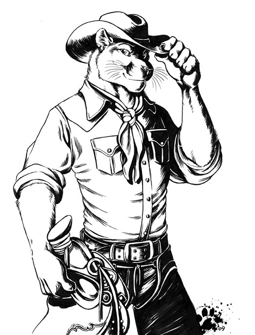 black_and_white blotch chaps clothing cougar cowboy cowboy_hat dick_saddle feline hat looking_at_viewer male mammal monochrome neckerchief panther plain_background saddle smile solo western