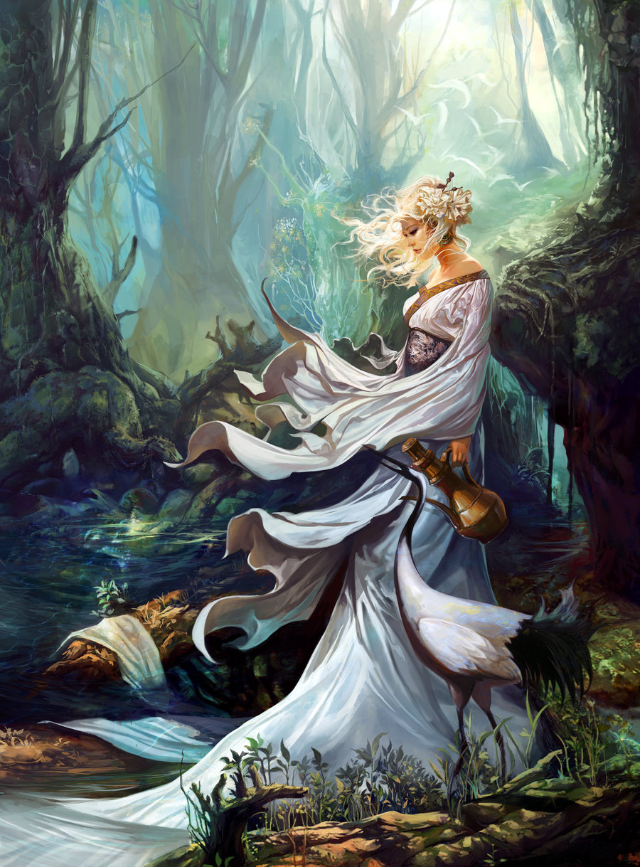 athenacg bare_shoulders bird dress floating_hair forest hair_ornament highres nature original solo sunlight tree water white_dress wind