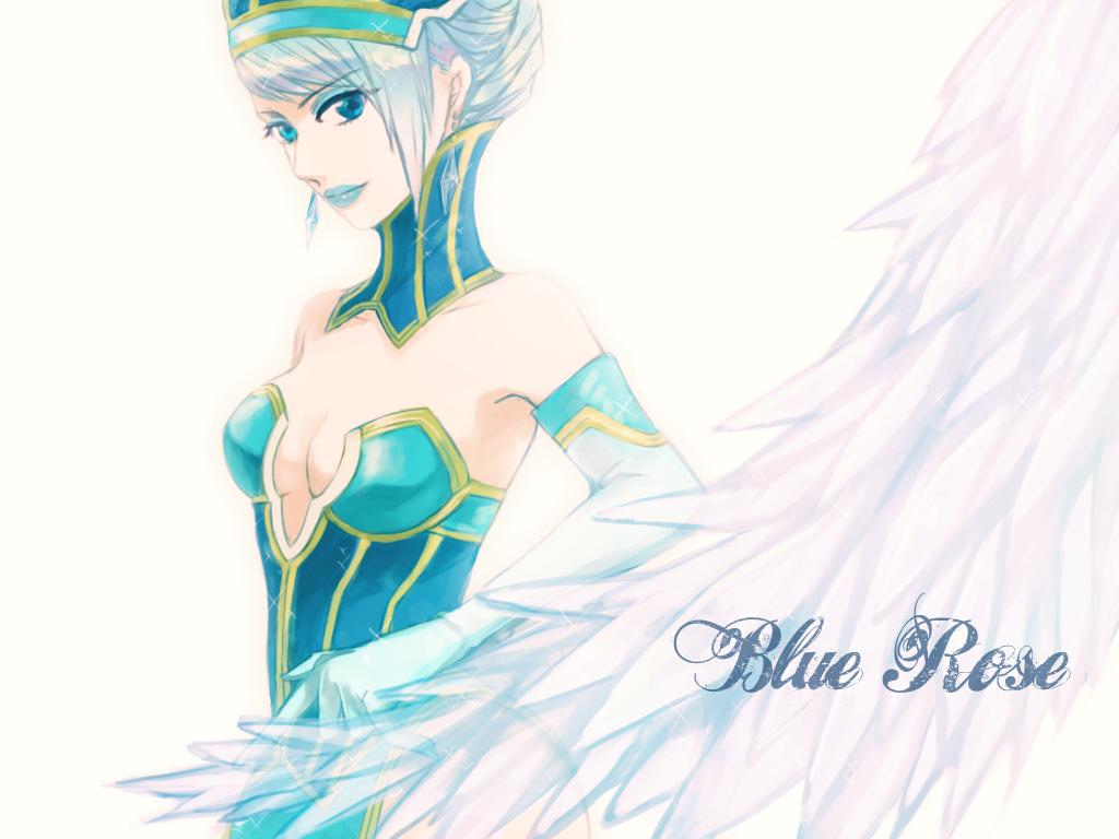 bare_shoulders blue_eyes blue_hair blue_rose_(tiger_&amp;_bunny) breasts character_name cleavage crystal_earrings earrings elbow_gloves gloves hat jewelry karina_lyle lipstick makeup medium_breasts munya short_hair solo superhero tiger_&amp;_bunny wings