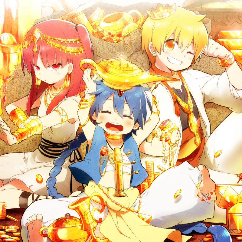 2boys aladdin_(magi) ali_baba_saluja arabian_clothes barefoot blonde_hair blue_eyes blue_hair blush bracelet braid closed_eyes coin cross-laced_footwear crown cup earrings gold grin jewelry kl lamp long_hair magi_the_labyrinth_of_magic midriff morgiana multiple_boys navel necklace oil_lamp one_eye_closed one_side_up open_mouth red_eyes red_hair short_hair single_braid smile treasure turban vest yellow_eyes