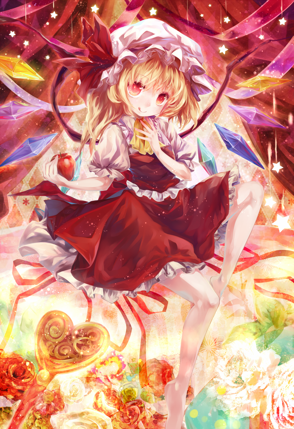 :q apple bad_id bad_pixiv_id bare_legs barefoot blonde_hair crystal dress flandre_scarlet flower food fruit highres red_eyes short_hair smile solo star tongue tongue_out torino_akua touhou wings