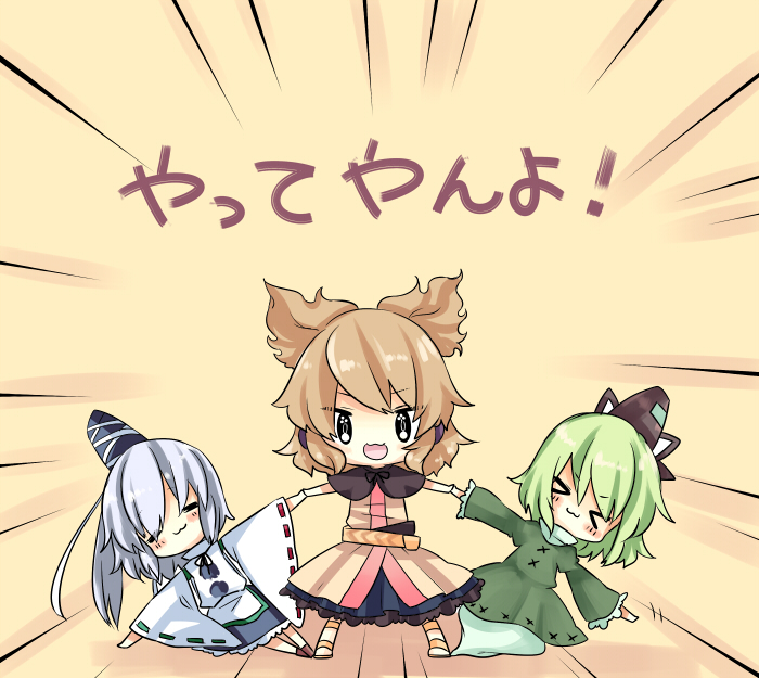 &gt;_&lt; :3 =_= belt black_dress blonde_hair chibi closed_eyes dress earmuffs green_dress green_hair hat japanese_clothes kariginu mononobe_no_futo multiple_girls ponytail pose shirt silver_hair skirt soga_no_tojiko touhou toyosatomimi_no_miko translated yatteyan'yo yuya_(night_lily)