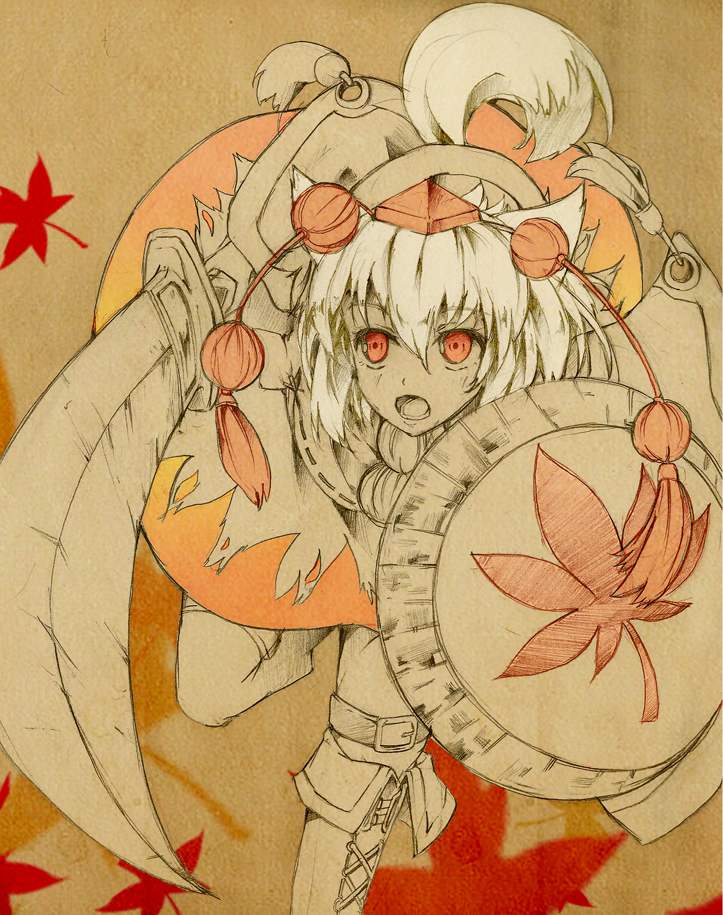 animal_ears bad_id bad_pixiv_id belt boots dress hat inubashiri_momiji leaf maple_leaf milky_(hellguy91) open_mouth red_eyes shield solo spot_color sword tail tokin_hat touhou weapon white_hair wolf_ears