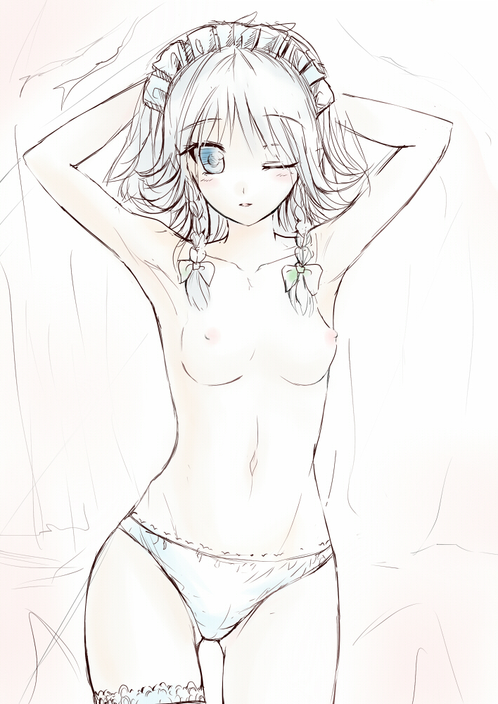aldehyde armpits arms_behind_head arms_up blue_eyes blush braid breasts collarbone izayoi_sakuya leg_garter looking_at_viewer maid_headdress medium_breasts navel nipples one_eye_closed pale_color panties sketch solo topless touhou twin_braids underwear underwear_only white_hair white_panties