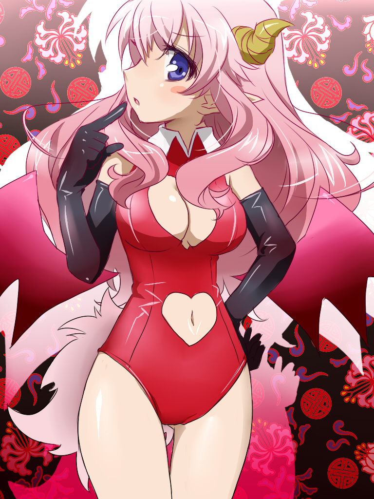 baka_to_test_to_shoukanjuu blue_eyes blush breasts demon_girl elbow_gloves gloves himeji_mizuki horns large_breasts leotard long_hair navel open_mouth pink_hair pointy_ears red_leotard solo succubus yuizawa