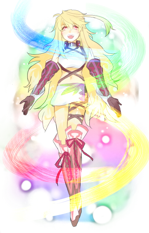 :d ahoge blonde_hair boots choker elbow_gloves full_body gloves gradient_hair green_hair happy knee_boots long_hair magic midriff milla_maxwell multicolored_hair navel open_mouth pi-xi-v rainbow_background red_eyes shirt skirt smile solo strapless tales_of_(series) tales_of_xillia taut_clothes taut_shirt tubetop