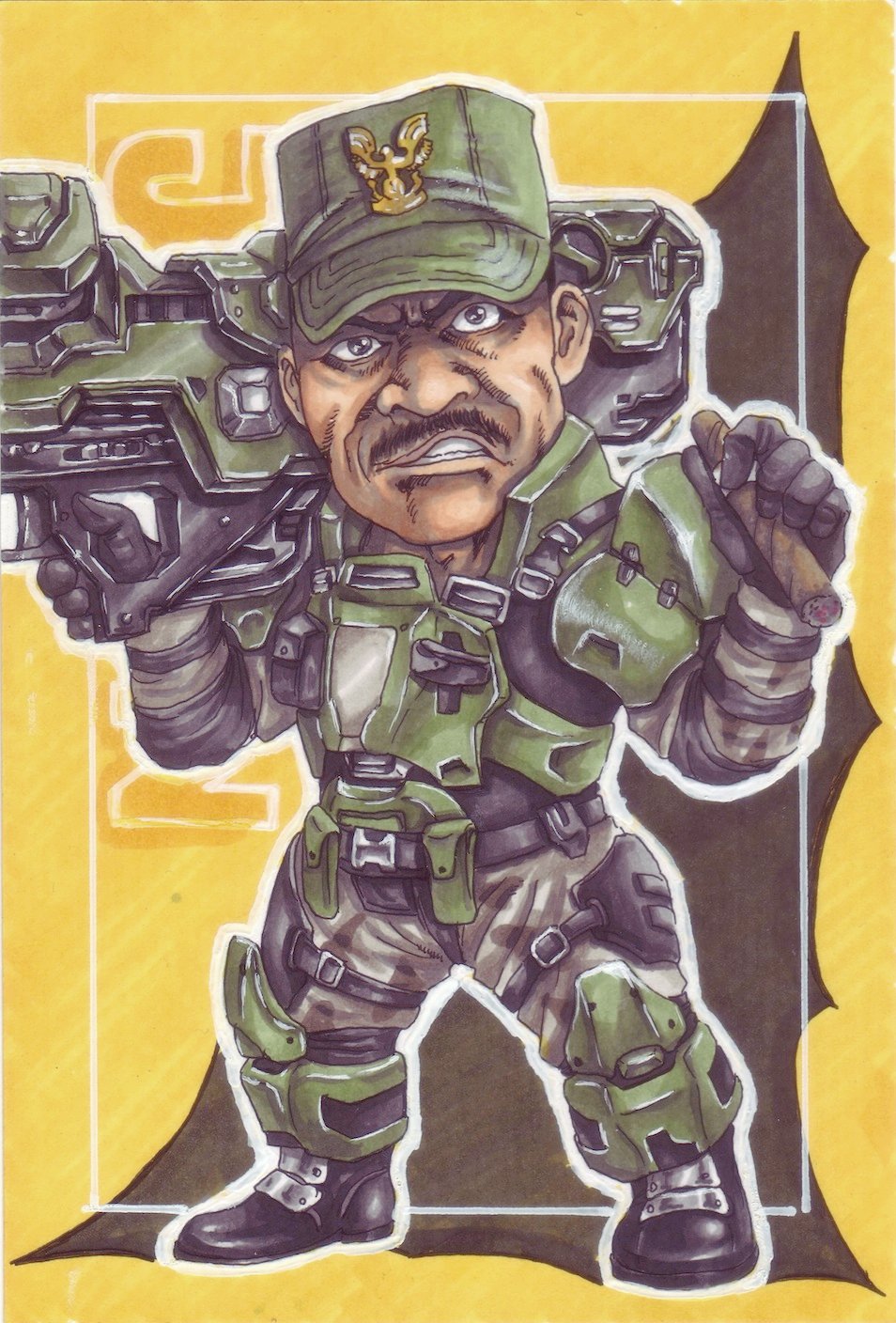 armor boots cigar facial_hair halo_(game) hanausagi3627 hat highres male_focus mustache sergeant_johnson solo spartan_laser