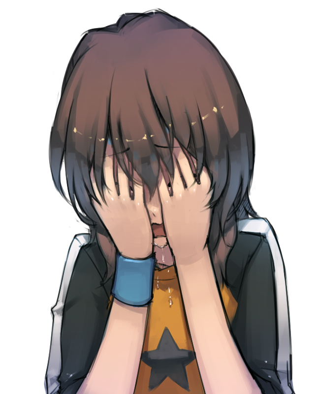 bad_id bad_pixiv_id brown_hair closed_eyes copyright_request covering_face crying hands hands_on_own_face lvans open_mouth raglan_sleeves short_hair simple_background solo star tears wavy_mouth wristband
