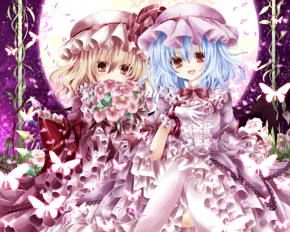 adapted_costume bad_id bad_pixiv_id bat_wings blonde_hair blue_hair bow bug butterfly fang flandre_scarlet flower frills gloves hat insect lolita_fashion moon multiple_girls nanase_nao plant red_eyes remilia_scarlet short_hair siblings sisters too_many too_many_frills touhou vines wings