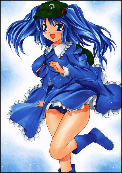 blue_eyes blue_hair blush boots breasts hair_bobbles hair_ornament hat kawashiro_nitori key large_breasts open_mouth rubber_boots school_swimsuit skirt smile solo swimsuit swimsuit_under_clothes touhou traditional_media two_side_up yadokari_genpachirou