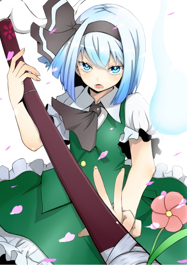 ascot black_hairband blue_eyes blue_hair bow cali dress dress_shirt flower glaring gradient_hair hair_bow hairband konpaku_youmu konpaku_youmu_(ghost) multicolored_hair open_mouth petals scabbard sheath sheathed shirt skirt solo sword touhou vest weapon