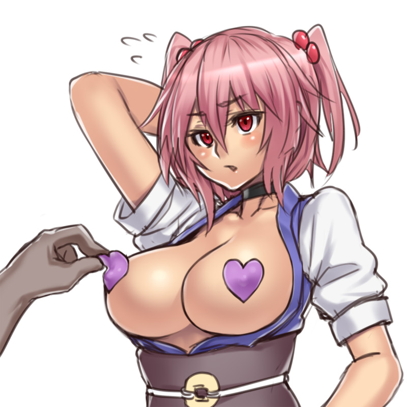 arm_up blush breasts breasts_outside choker cleavage coin heart heart_pasties houtengeki large_breasts no_bra onozuka_komachi open_clothes open_shirt pasties pink_hair red_eyes shirt short_hair simple_background solo touhou two_side_up upper_body