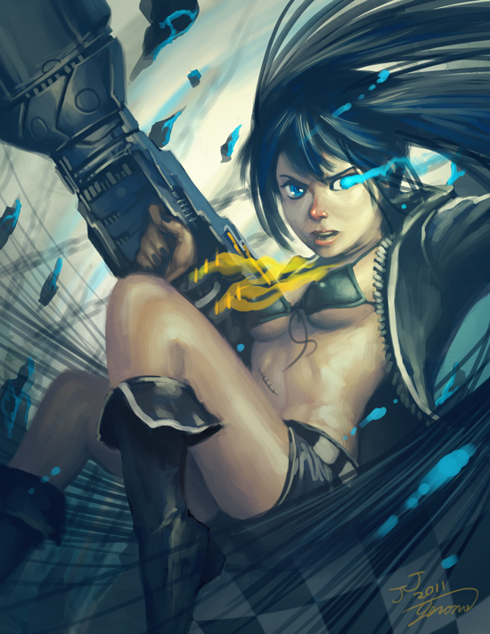 2011 bikini_top black_hair black_rock_shooter black_rock_shooter_(character) blue_eyes boots breasts burning_eye checkered front-tie_top glowing glowing_eye gun jacket lips medium_breasts nose serious signature sinto619 solo twintails underboob weapon
