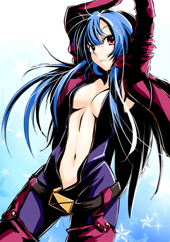 arms_up belt blue_hair bodysuit breasts catsuit chaps kula_diamond kyo9999 long_hair medium_breasts navel no_bra red_eyes solo star the_king_of_fighters thighhighs unzipped zipper