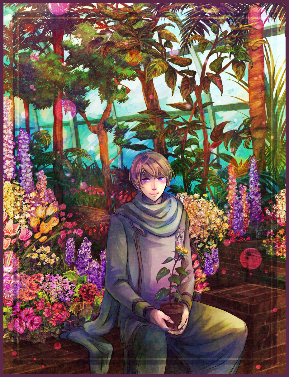axis_powers_hetalia blonde_hair blush flower garden greenhouse highres looking_at_viewer male_focus military military_uniform pants plant potted_plant purple_eyes russia_(hetalia) scarf scenery smile solo tobari_yayoi tree uniform