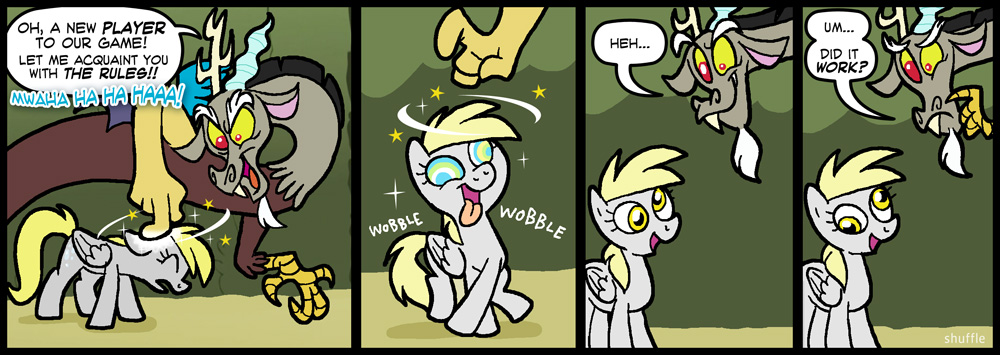 antlers blonde_hair comic cutie_mark derp derpy_hooves_(mlp) dialog discord_(mlp) draconequus english_text equine female feral friendship_is_magic fur gray_body grey_body grey_fur hair hasbro horn horse itchymango male mammal my_little_pony pegasus pony red_eyes shuffle001 text wings yellow_eyes