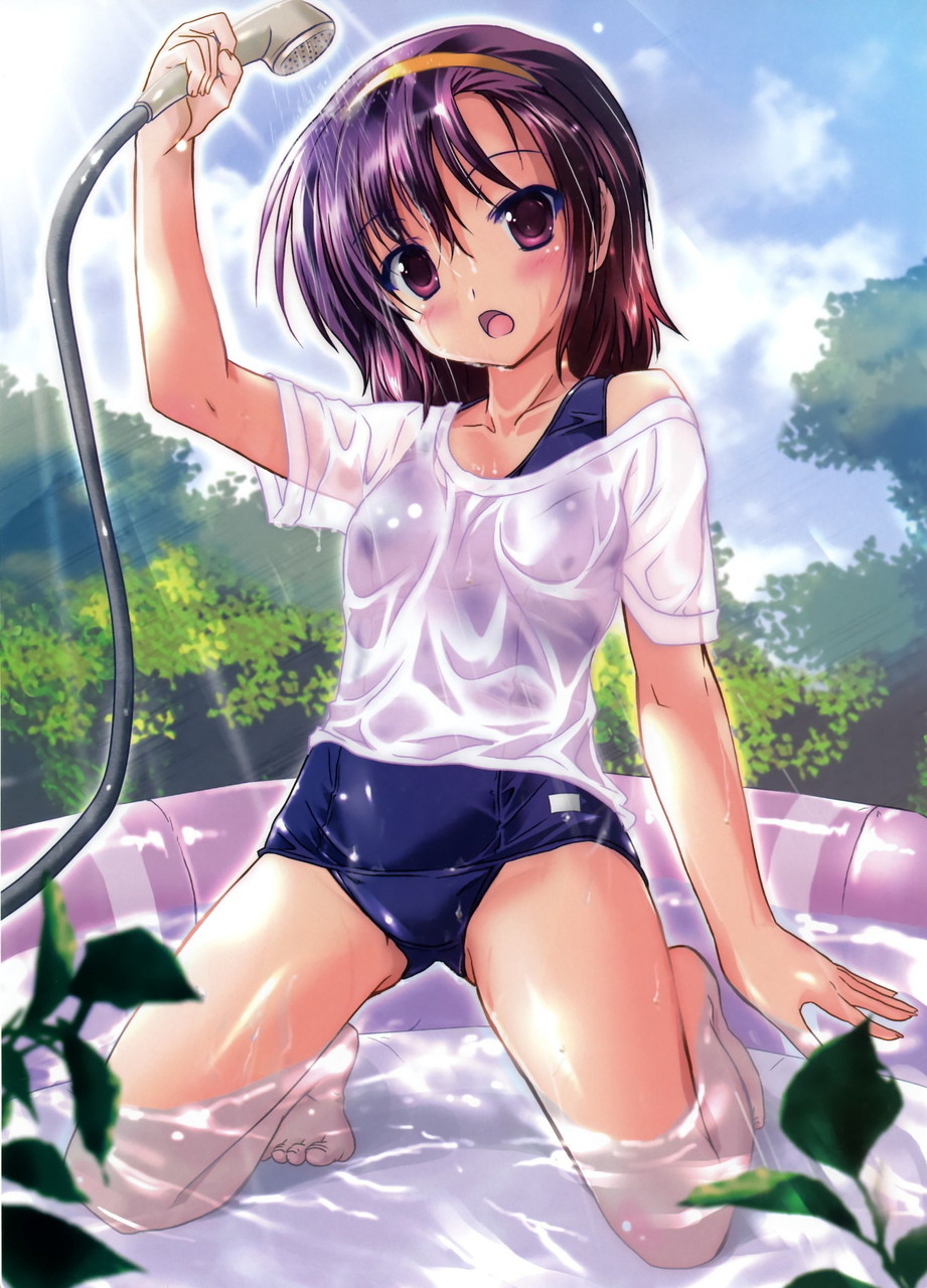 :o arm_up bangs barefoot blurry blush cloud day depth_of_field feet fingernails flat_chest gradient_hair hair_between_eyes hairband head_tilt highres hose kneeling komatsu_eiji leaf light_rays long_fingernails looking_at_viewer multicolored_hair nature no_pants off_shoulder one-piece_swimsuit open_mouth original outdoors purple_eyes purple_hair scan school_swimsuit see-through shadow shiny shiny_clothes shiny_hair shirt short_hair shower_head sky solo spread_legs submerged sunbeam sunlight surprised swimsuit swimsuit_under_clothes t-shirt thighs wading_pool water wet wet_clothes wet_hair wet_shirt