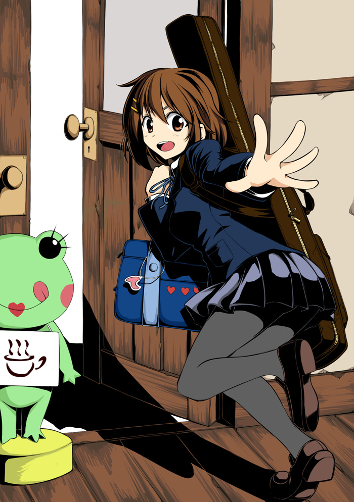 bag blazer bookbag brown_eyes brown_hair door frog guitar_case hair_ornament hairclip hirasawa_yui instrument_case jacket k-on! kyo9999 open_mouth outstretched_arm pantyhose pleated_skirt round_teeth school_uniform skirt solo teeth