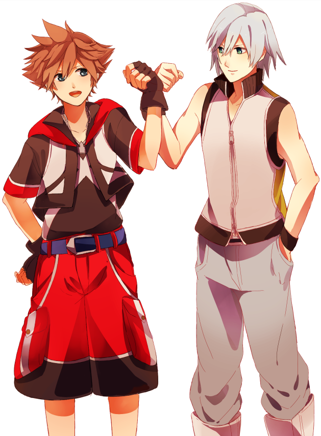blue_eyes boots brown_hair fingerless_gloves gloves jewelry kingdom_hearts male_focus multiple_boys necklace riku sana423 silver_hair simple_background sora_(kingdom_hearts) spoilers wristband