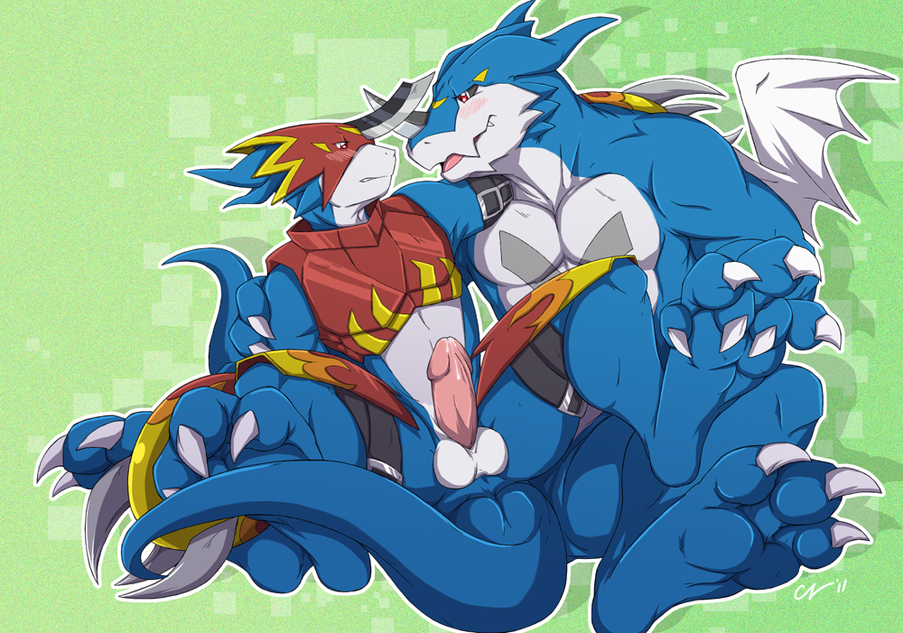 abstract_background armor balls biceps big_muscles big_penis blue_body blue_skin blush claws couple cyber_zai digimon erection exveemon fangs flamedramon gay horn male muscles pecs penis red_eyes sex wings