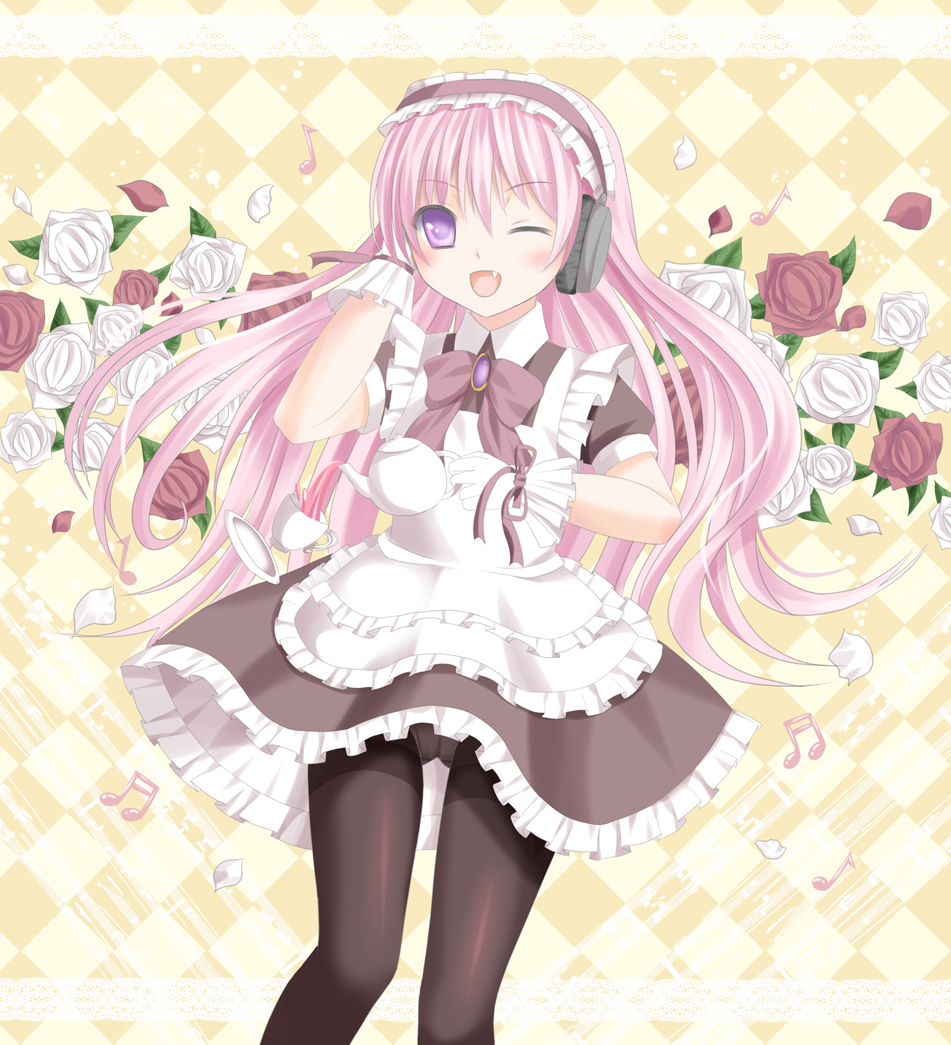 :d argyle argyle_background bad_id bad_pixiv_id black_legwear crotch_seam cup fang flower gloves headphones long_hair maid maid_headdress musical_note one_eye_closed open_mouth original panties panties_under_pantyhose pantyhose pantyshot pink_hair purple_eyes smile solo tea teacup teapot tsukino_neru underwear white_panties