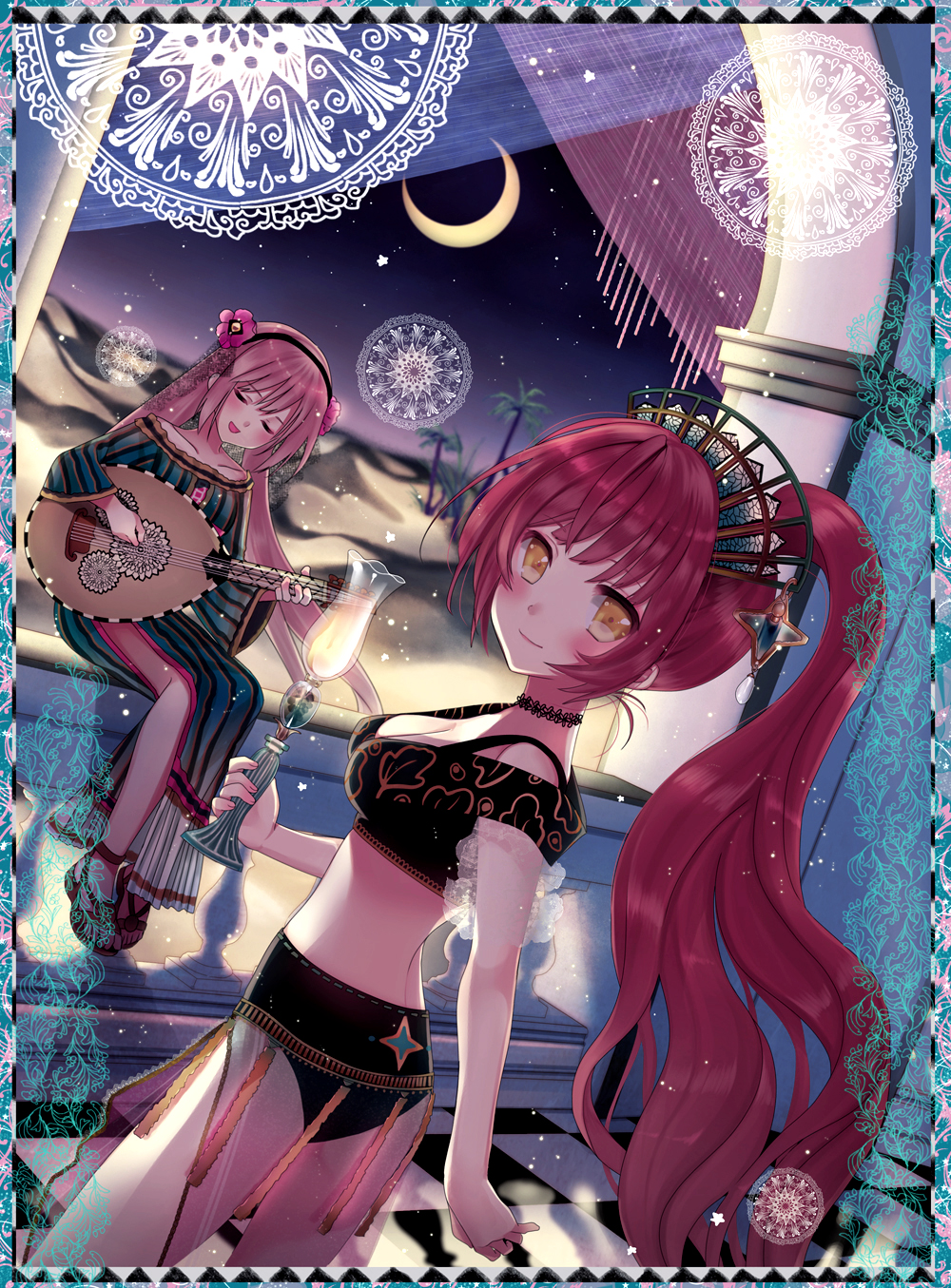 backlighting breasts cleavage closed_eyes crescent_moon dutch_angle flower hair_flower hair_ornament hairband hairpiece highres instrument lamp looking_at_viewer lute_(instrument) medium_breasts midriff moon multiple_girls open_mouth original pink_hair railing red_hair sitting tile_floor tiles yellow_eyes yuuki_rika