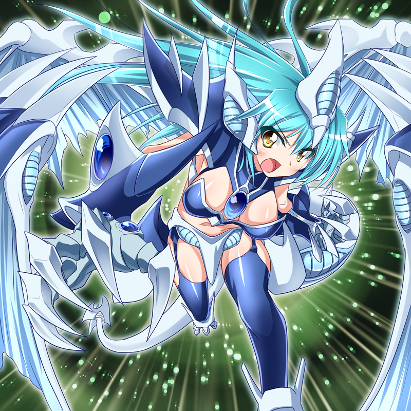 armor blue_hair claws duel_monster long_hair mtu_(orewamuzituda) open_mouth personification solo stardust_dragon/assault_mode tail wings yellow_eyes yuu-gi-ou yuu-gi-ou_5d's