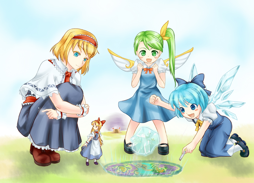 alice_margatroid blonde_hair blue_dress blue_eyes blue_hair blush_stickers bow capelet chalk cirno cuffs daiyousei doll dress fairy fairy_wings frog green_eyes green_hair hair_bow hair_ribbon hairband hat ice kneeling long_hair mary_janes multiple_girls nam_(valckiry) open_mouth pyonta ribbon shanghai_doll shoes short_hair side_ponytail smile touhou wings