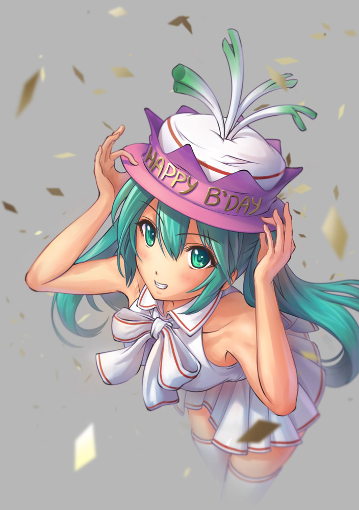 aqua_eyes aqua_hair bad_id bad_pixiv_id birthday blurry blush collarbone confetti depth_of_field grin hands_on_headwear happy_birthday hat hatsune_miku leaning_forward long_hair looking_at_viewer pinakes pleated_skirt simple_background skirt smile solo spring_onion thighhighs twintails vocaloid white_legwear