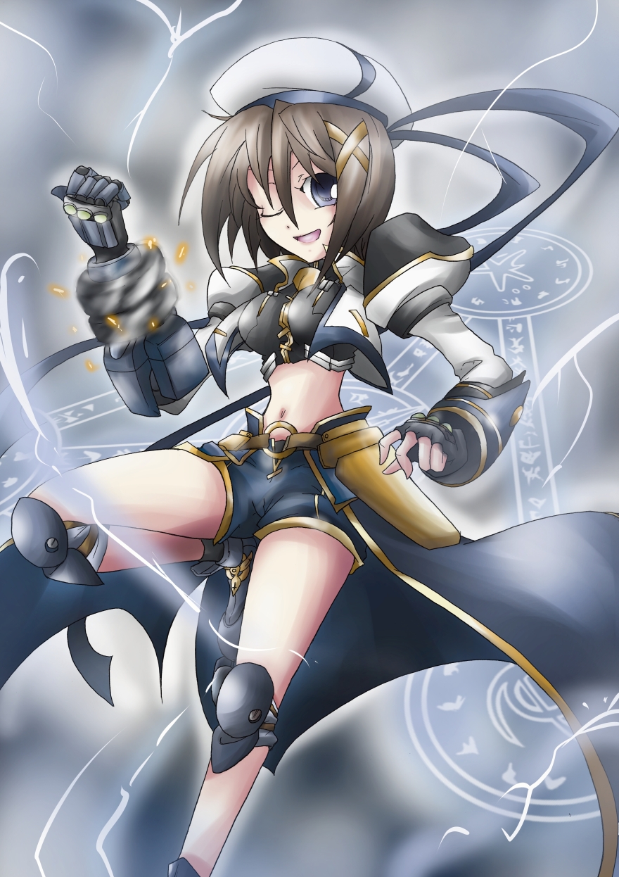 adapted_costume alternate_weapon breasts hair_ornament highres lyrical_nanoha magic_circle mahou_shoujo_lyrical_nanoha_strikers medium_breasts one_eye_closed revolver_knuckle schwertkreuz solo suga_leon weapon x_hair_ornament yagami_hayate