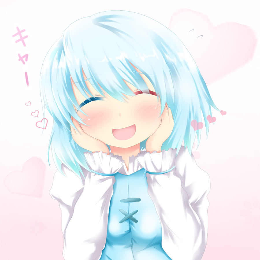 bad_id bad_pixiv_id blue_hair blush closed_eyes colored_eyelashes hands_on_own_cheeks hands_on_own_face heart heterochromia koji_(kohei66) looking_at_viewer open_mouth short_hair smile solo tatara_kogasa touhou translation_request upper_body