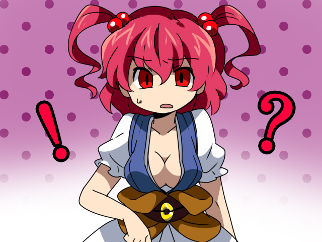 1girl bad_id bad_pixiv_id bow breasts cleavage eromame face hair_bow medium_breasts onozuka_komachi red_eyes red_hair solo touhou two_side_up