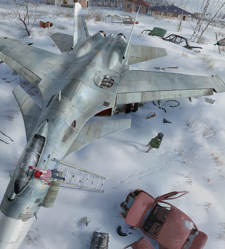 1girl aircraft airplane car damaged denim drum_(container) fighter_jet footprints from_above gloves ground_vehicle hat jeans jet johannes_voss junk ladder left-hand_drive military military_vehicle motor_vehicle original pants perspective photorealistic rust scarf scenery signature snow su-37 tree winter