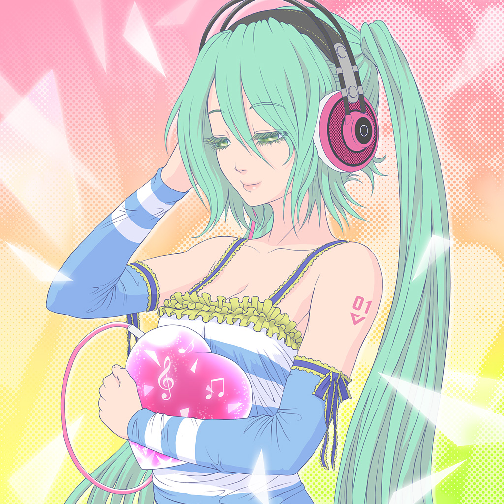 bad_id bad_pixiv_id c-brown detached_sleeves green_eyes green_hair hatsune_miku headphones heart listening_to_music long_hair musical_note solo twintails very_long_hair vocaloid