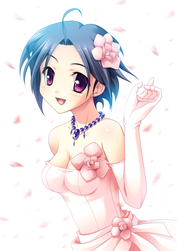 ahoge bare_shoulders blue_hair blush breasts cf-x_(oceanus_com) cleavage corsage dress elbow_gloves flower gloves hair_flower hair_ornament idolmaster idolmaster_(classic) looking_at_viewer medium_breasts miura_azusa open_mouth petals purple_eyes short_hair smile solo strapless strapless_dress upper_body wedding_dress