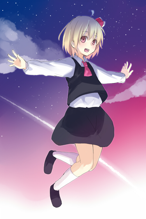 blonde_hair hair_ribbon necktie night night_sky red_eyes ribbon rumia short_hair sky solo touhou yuita