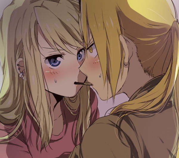1girl bad_id bad_pixiv_id blonde_hair blue_eyes blush couple earrings edward_elric eye_contact face food fullmetal_alchemist hetero jewelry long_hair looking_at_another mitsu_yomogi pocky pocky_kiss ponytail shared_food winry_rockbell yellow_eyes
